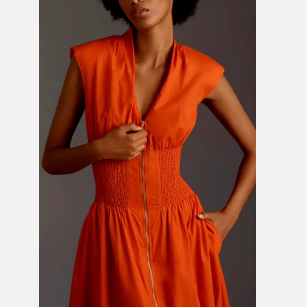 Anthropologie The Tommie Zip-Front Midi Shirt Dress L NWT Red Orange Large - Picture 7 of 8